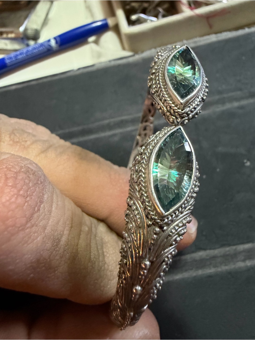 Sterling Silver Marquise Green Gemstone sarda Cuff Bracelet